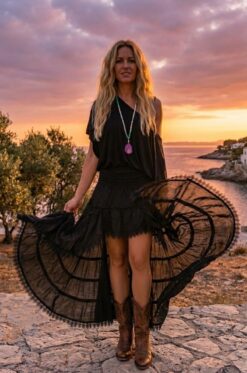 Falda Ibicenca Asimétrica Puntillas Negra